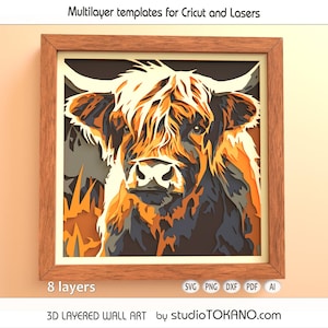 3D layered SVG for CRICUT! Multilayer svg Highland Cow, Layered mandala laser file, DIY Papercut shadowbox for Silhouette-Glowforge