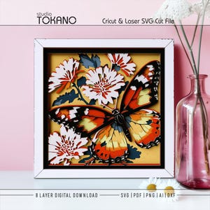 Monarkfjäril Shadow Box SVG | 8 lager 3D pappersskuren blomdesign | Cricut- och laserskuren fil | Flerlagerskartongväggkonst | 3D-mandala