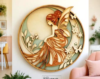 Fairy on the Moon Laser Cut File, Layered SVG, Multi Layer Wooden Fantasy Wall Art for Glowforge and xTool. Plywood Cut Template