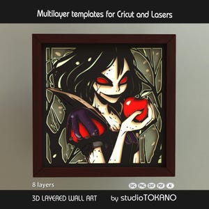 May include: 3D layered wall art featuring a stylized illustration of a character holding a red apple. The artwork has a dark color scheme with red accents and is framed in a dark brown frame. The text "Multilayer templates for Cricut and Lasers" is at the top.