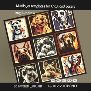 Peut inclure: Neuf œuvres d'art murales 3D en couches encadrées, représentant différentes races de chiens. L'œuvre utilise une variété de couleurs et de styles, avec le texte "Dog Bundle 4" en haut. Le bas de l'image indique "3D LAYERED WALL ART" et "by studioTOKANO".