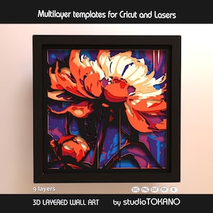 Può includere: Un'opera d'arte murale 3D a strati incorniciata con un vivace design floreale nei toni dell'arancione, bianco e viola. L'opera d'arte è composta da nove strati ed è adatta al taglio Cricut e laser. Il testo "Multilayer templates for Cricut and Lasers" è in alto.