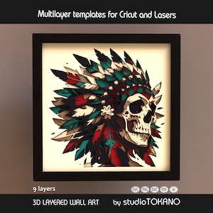 3D-gelaagde SVG | Kartonbestand voor meerlaagse mandala-muurkunst | Papercut-schaduwdoosontwerp Indiase schedel voor Cricut, Silhouette en Laser