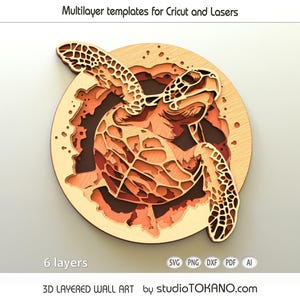3D meerlaagse lasergesneden svg voor gelaagde houten multiplex muurkunst "Turtle". Voor Xtool, Glowforge en alle lasers. Mandalakunst aan de muur