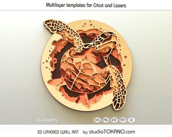 Arquivo SVG 3D multicamadas para corte a laser, ideal para arte de parede em madeira compensada com o tema "Tartaruga". Compatível com Xtool, Glowforge e todos os lasers. Arte de parede estilo mandala.