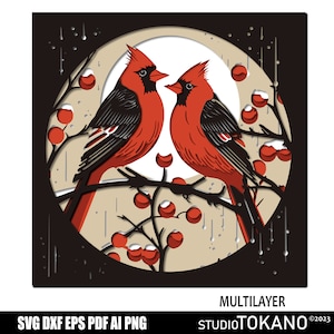 May include: Two red cardinals perched on a branch with red berries and snow. The birds are in front of a white moon with a brown background. The image is a multilayer design.