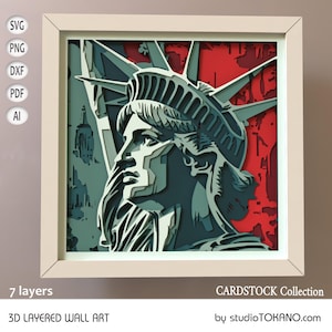Camada 3D SVG para CRICUT! Caixa de Sombras Lady Liberty Multicamadas. Modelo de recorte em papel cartão para Silhouette, Laser, Glowforge, Xtool, SVG 12x12.