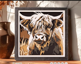 Highland Cow Shadow Box SVG | 8 Layer 3D Farm Papercut | Cricut & Laser Cut File | Multilayer Cardstock Wall Art