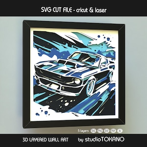 Ford Mustang Shelby Shadow Box SVG / Muscle Car 3D de 5 capas, arte de pared, archivo de corte láser y Cricut / Decoración de garaje, regalo