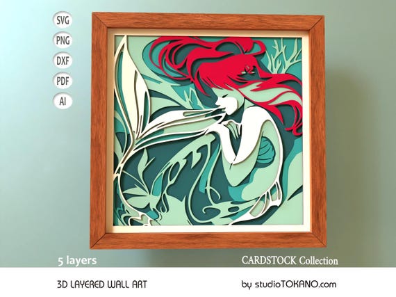 3D Multilayer Cricut Svg Mermaid Cardstock mandala, Papercut shadowbox for Silhouette, Glowforge, xtool laser cut file for DIY wall art