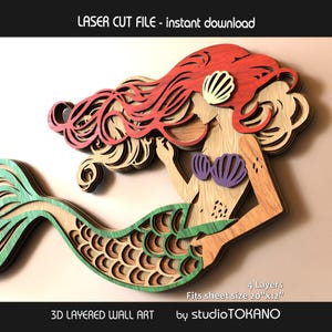 Può includere: Un'opera d'arte murale a strati in legno a forma di sirena. La sirena ha capelli rossi, un reggiseno a conchiglia viola e una coda verde. Il testo "LASER CUT FILE - instant download" e "3D LAYERED WALL ART" sono visibili. L'opera d'arte si adatta a un foglio di 50.8cm x 30.5cm.