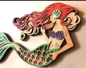 Mermaid Laser Cut File | Layered Mermaid SVG | Multilayer Plywood Wall Art | 3D Wood Decor | Glowforge and Xtool template