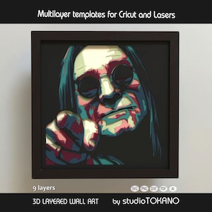 Puede incluir: Una obra de arte mural 3D en capas enmarcada que representa a una persona señalando. La obra de arte utiliza una paleta de colores turquesa, rojo y crema sobre un fondo negro. El marco es marrón oscuro. El texto incluye "Multilayer templates for Cricut and Lasers".