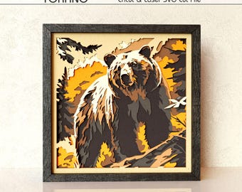 Grizzly Bear Shadow Box SVG | 8 Layer 3D Wildlife Papercut | Cricut Laser Cut File | Nature Cabin Wall Art Decor