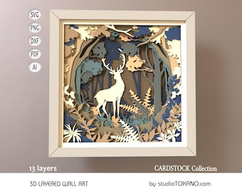 Caixa de Sombras 3D com Veados na Floresta em SVG | Arquivo Cricut com Camadas para Decoração de Natureza | Modelo para Corte a Laser Glowforge | Recorte de Papel de Animais Selvagens para Decoração de Bosque