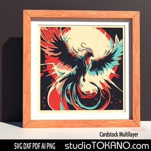 Couche 3D SVG pour CRICUT ! Boîte d'ombre multicouche Phoenix Firebird. Papier cartonné de taille standard, modèle de découpe de papier en couches pour la silhouette et le laser