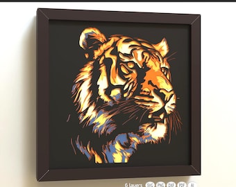 Boîte d'ombre de tigre SVG | Papier découpé 3D animalier 6 couches | Fichier de découpe Cricut et laser | Art du papier cartonné multicouche