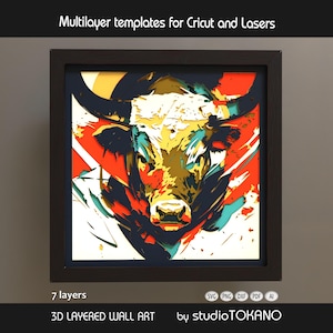 May include: A framed 3D layered wall art piece featuring a colorful bull design. The artwork uses a multi-layered template for Cricut and laser cutting. The image includes the text "Multilayer templates for Cricut and Lasers" and "3D LAYERED WALL ART".