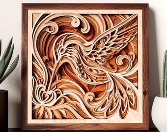 Hummingbird Laser Cut File | Multilayer Wood Wall Art SVG | 3D Layered Plywood Design | Glowforge xTool LightBurn Template