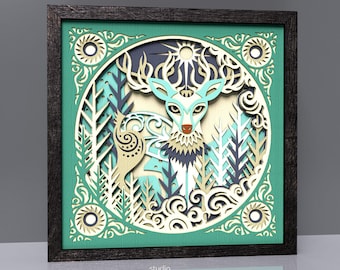 Folk Art Deer Shadow Box SVG for Cricut and Laser | 7 Layer Woodland 8x8 Papercut | Winter Wonderland 3D SVG | Multilayer Paper Art