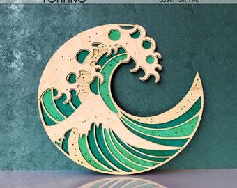 3D Wave Laser Cut File -Mandala Wall Art SVG - Glowforge Xtool DIY Home Deco - Multilayer Wooden Great Wave Template