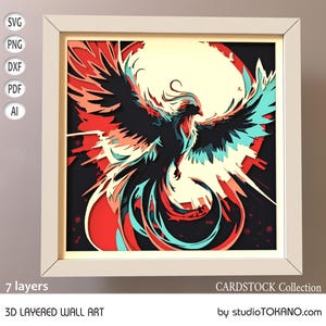 Couche 3D SVG pour CRICUT ! Boîte d'ombre multicouche Phoenix Fire Bird. Modèle de papier cartonné découpé pour silhouette, laser, Glowforge, Xtool