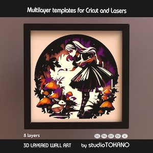 May include: A framed 3D layered wall art piece depicting Alice in Wonderland in black and white, with purple and orange accents. The artwork includes a girl, mushrooms, and a rabbit. The text "Multilayer templates for Cricut and Lasers" is at the top.
