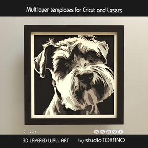 Può includere: Opera d'arte murale 3D a strati raffigurante un ritratto di cane Schnauzer. L'opera è composta da sette strati, creando un effetto dimensionale. L'immagine è incorniciata in una cornice marrone scuro e include il testo "Multilayer templates for Cricut and Lasers".