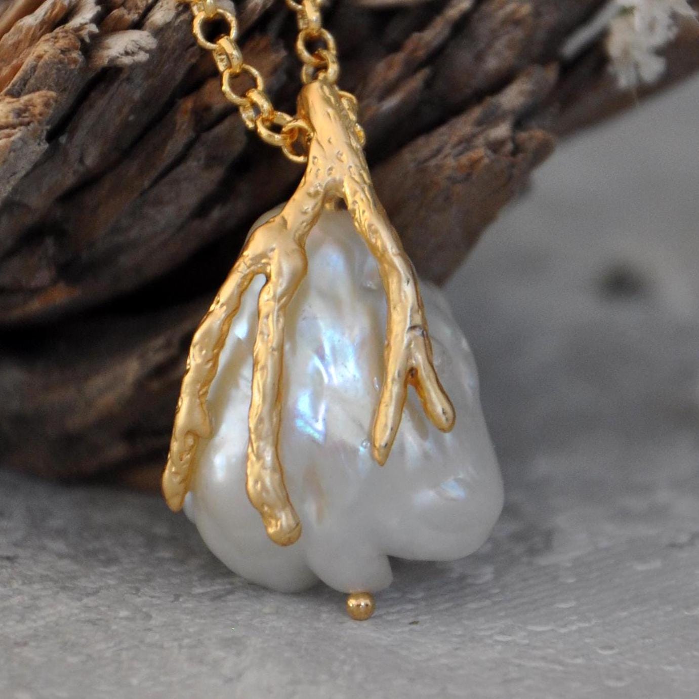 Baroque Pearl Pendant Necklace. Large Real Pearl Drop on Gold Chain. Unique Statement Jewelry. Designer Single Pearl Necklace Gift