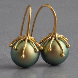 Handmade Large Green Pearl Drop Earrings: Nature Inspired Statement Jewelry