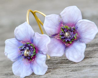 Purple Floral Earrings • Glass Drops in Gold • Botanical Statement Jewelry