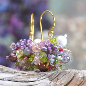 Earrings: Beaded Cluster with Pearls and Gemstones • Colorful Floral Dangle • Unique Nature Inspired Statement • Fairycore Jewelry Gift