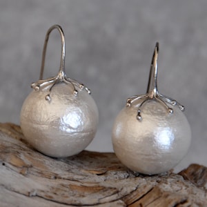 Large Cotton Pearl Silver Earrings: Statement Wedding Jewelry