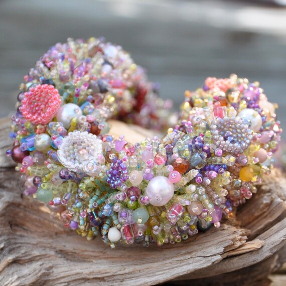 Pink Beaded Floral Statement Necklace Crochet Floral Statement Necklace: Pink Beaded Boho Jewelry  main image 3
