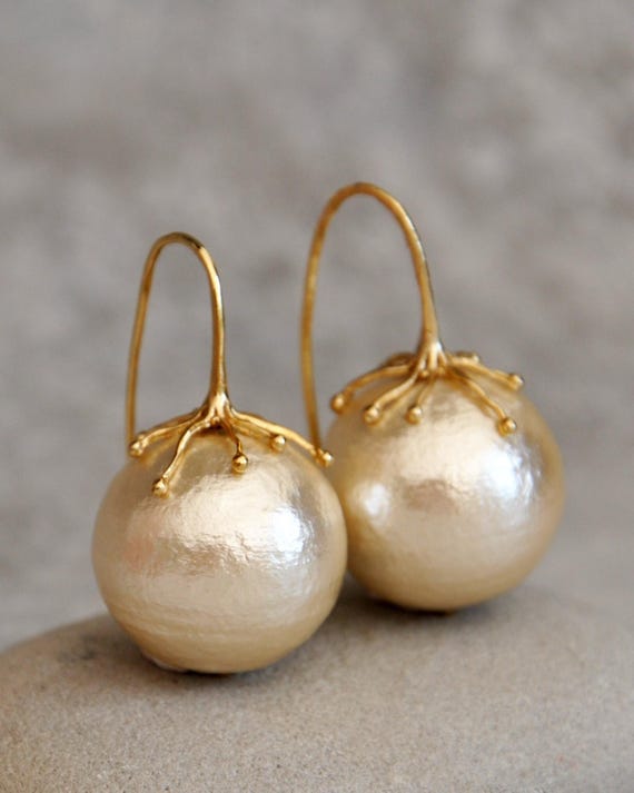 Large Gold Pearl Earrings – Statement Dangle Design with Cotton Pearls