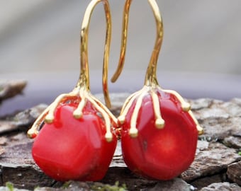 Red Coral Earrings • Gold Dangle Statement Jewelry