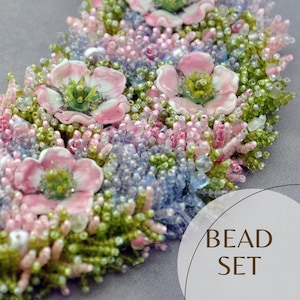 Pink Sakura Flowers Beading Kit Jewelry Making. Statement Jewerly Ready to Bead Tutorial Option. Seed Beads Set. Perfect Gift for Bead Lover