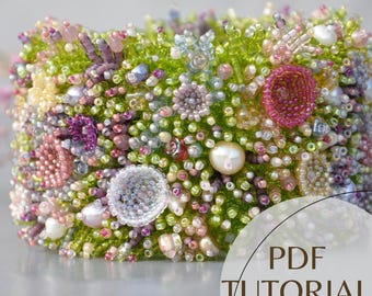 Flower Beaded Bracelet Tutorial – Statement Jewelry Beading Pattern PDF DIY Peyote. Wide Cuff holiday Project for Jewerly Maker. Nature Gift