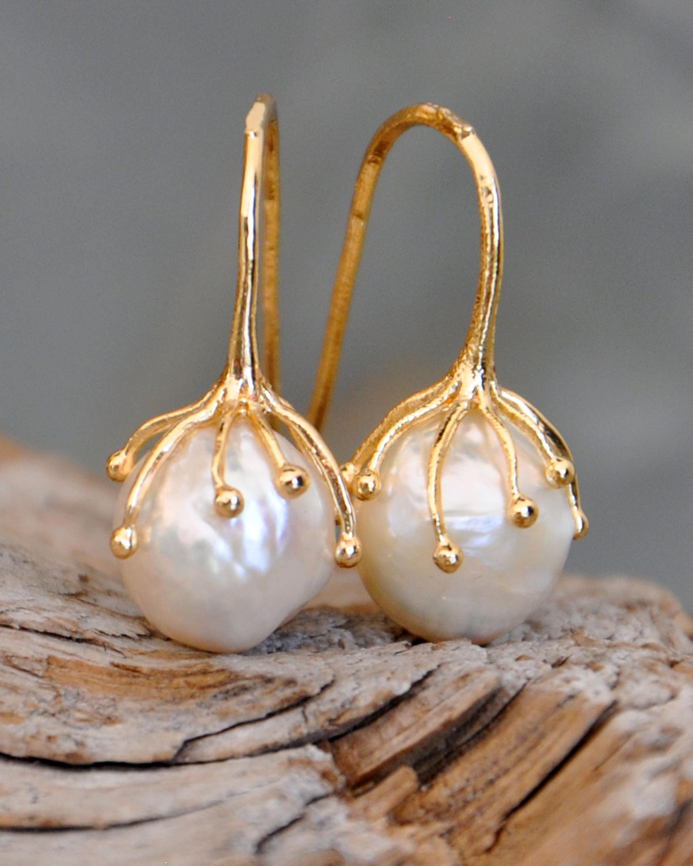 Orecchini Pendenti Con Perle Barocche D'acqua Dolce &ndash; 7-8 Mm &ndash; Bianche &ndash; Regalo Donna