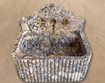 Calacatta Viola Wall Mount Sink - Fluted Marble Washbasin with Backsplash - Antique Marble Floating Vanity For Bathroom