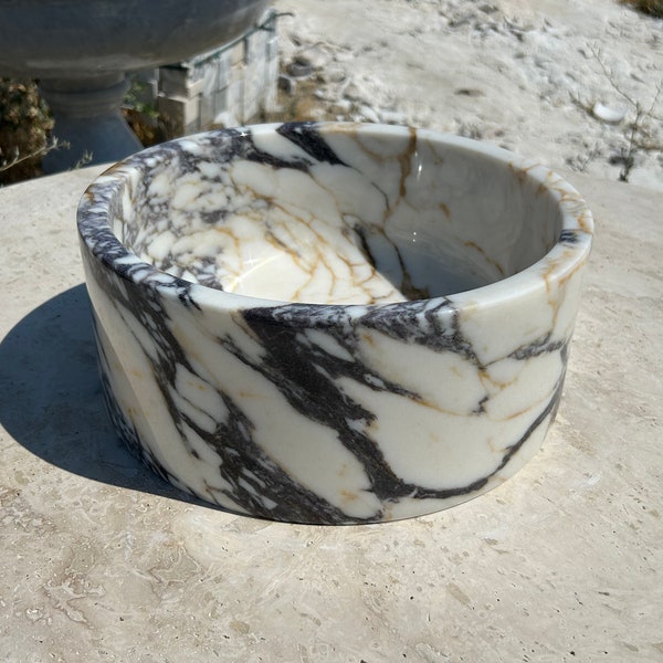 Lavabo de mármol Calacatta Viola, lavabo redondo de sobreponer para baño