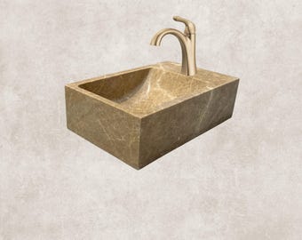 Corner Wall Small Bathroom Sink, Brown Marble Sink, Dark Emperador Stone Sink with Faucet Hole