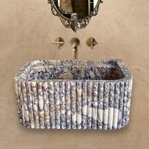 Geriffelte Calacatta Viola Marmor Wandhalterung Waschbecken - Handgeschnitztes Marmor Waschbecken - Bauernhaus Waschbecken - Antikes sich hin- und herbewegendes Marmor Waschbecken