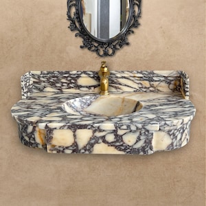 Calacatta Viola Antique Wall Mount Sink - Marble Washbasin with Backsplash - Classical Bathroom Marble Floating Vanity