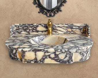 Calacatta Viola Antique Wall Mount Sink - Marble Washbasin with Backsplash - Classical Bathroom Marble Floating Vanity