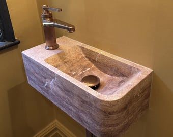 Travertine Corner Wall Small Bathroom Sink with Radius Edge, Marble Sink, Travertine Stone Sink with Faucet Hole