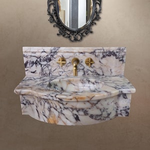 Viola Wall Mount Sink - Calacatta Marble Washbasin with Backsplash - Classical Bathroom Antique Marble Floating Vanity