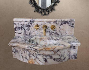Viola Wall Mount Sink - Calacatta Marble Washbasin with Backsplash - Classical Bathroom Antique Marble Floating Vanity
