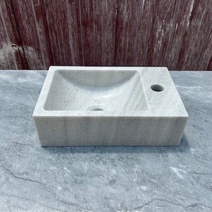 Corner Wall Small Bathroom Sink, White Marble Console Sink, Carrara Stone Sink with Right or Left Faucet Hole