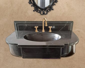 Black Marble Wall Mount Sink - Nero Marquina Marble Washbasin with Backsplash - Classical Bathroom Marble Floating Vanity